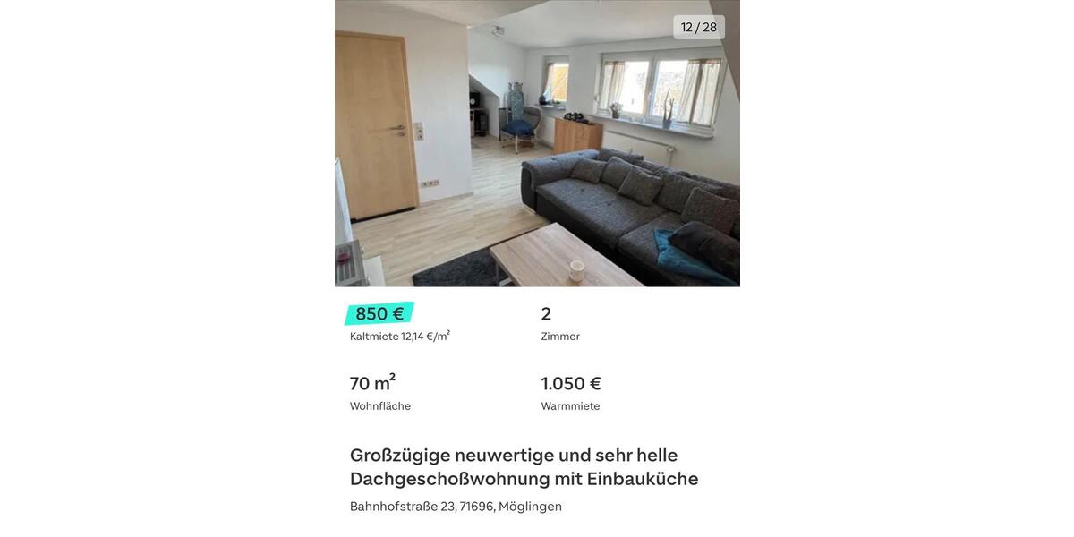 Dachgeschoßwohnung Möglingen - 2 Zimmer, 70 m&sup2;, 850&euro; | Angebot:26177045