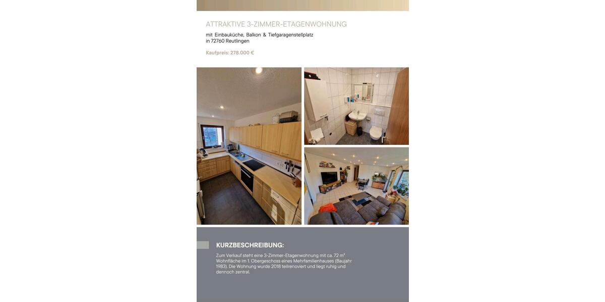 Etagenwohnung Reutlingen Orschel-Hagen - 3 Zimmer, 72 m&sup2;, 278.000&euro; | Angebot:24611009