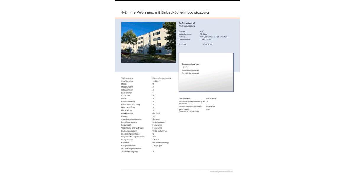Erdgeschoßwohnung Ludwigsburg - 4 Zimmer, 97 m&sup2;, 2.200&euro; | Angebot:27594324