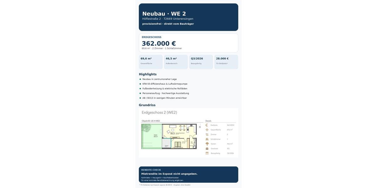 Erdgeschoßwohnung Unterensingen - 2 Zimmer, 70 m&sup2;, 362.000&euro; | Angebot:27598520