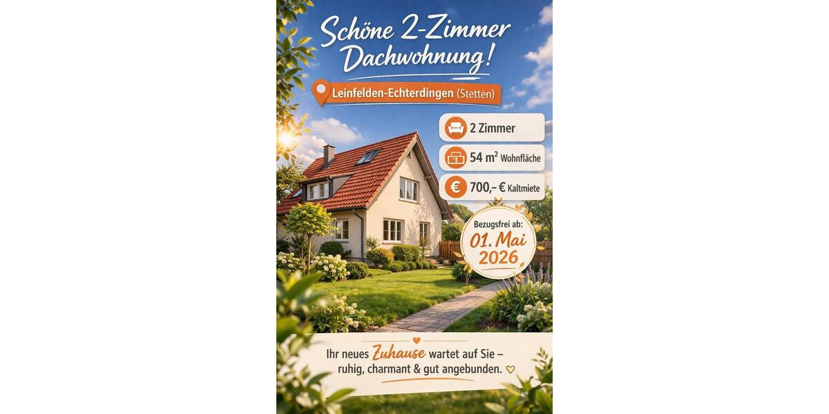Dachgeschoßwohnung Waldenbuch - 2 Zimmer, 54 m&sup2;, 700&euro; | Angebot:26587026