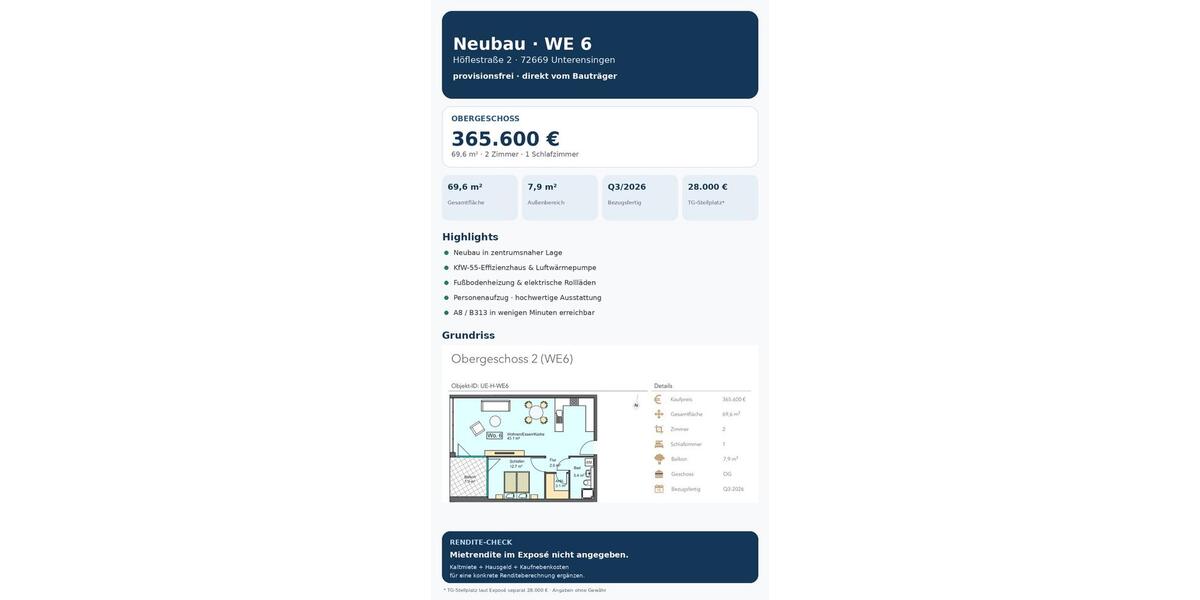 Etagenwohnung Unterensingen - 2 Zimmer, 70 m&sup2;, 365.600&euro; | Angebot:27598509