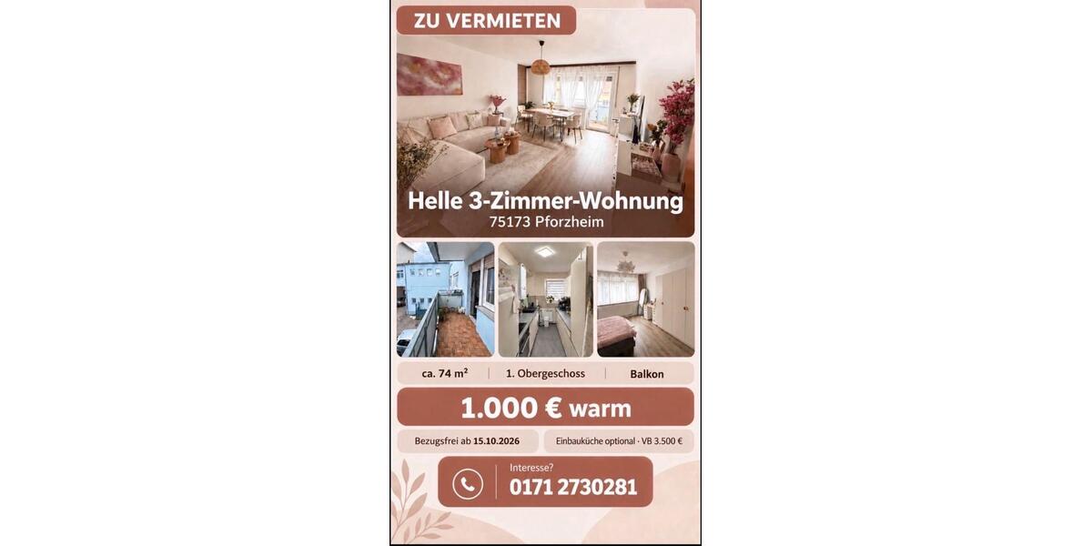 Etagenwohnung Pforzheim Dillweißenstein - 3 Zimmer, 74 m&sup2;, 1.000&euro; | Angebot:27596019