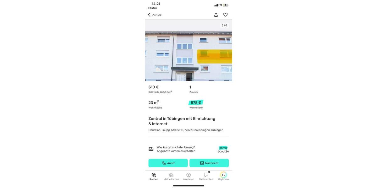 Etagenwohnung Tübingen Derendingen - 1 Zimmer, 23 m&sup2;, 875&euro; | Angebot:25977690