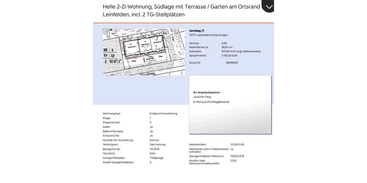 Erdgeschoßwohnung Leinfelden-Echterdingen Echterdingen - 2 Zimmer, 58 m&sup2;, 975&euro; | Angebot:25404761