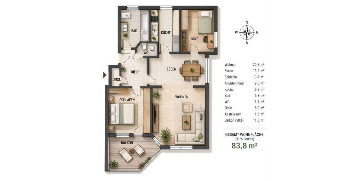Etagenwohnung Ludwigsburg / Pflugfelden Pflugfelden - 3 Zimmer, 84 m&sup2;, 1.100&euro; | Angebot:26797903