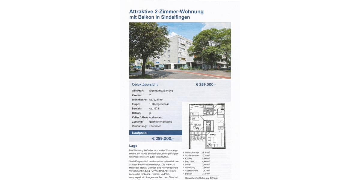 Etagenwohnung Sindelfingen - 2 Zimmer, 62 m&sup2;, 259.000&euro; | Angebot:24627056