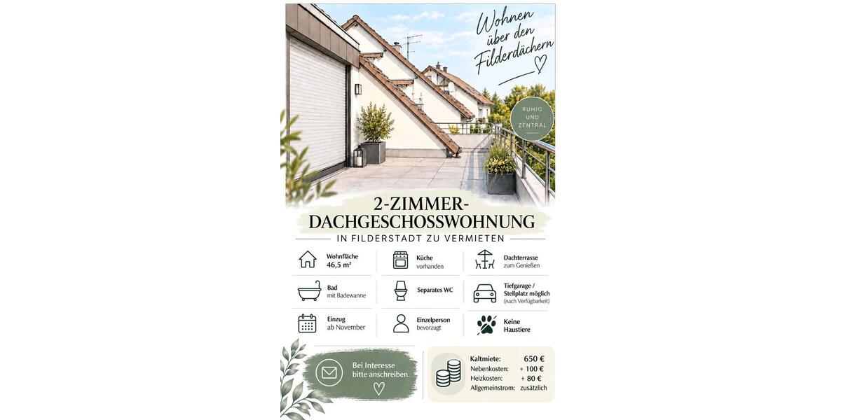 Etagenwohnung Filderstadt - 2 Zimmer, 47 m&sup2;, 650&euro; | Angebot:27564774
